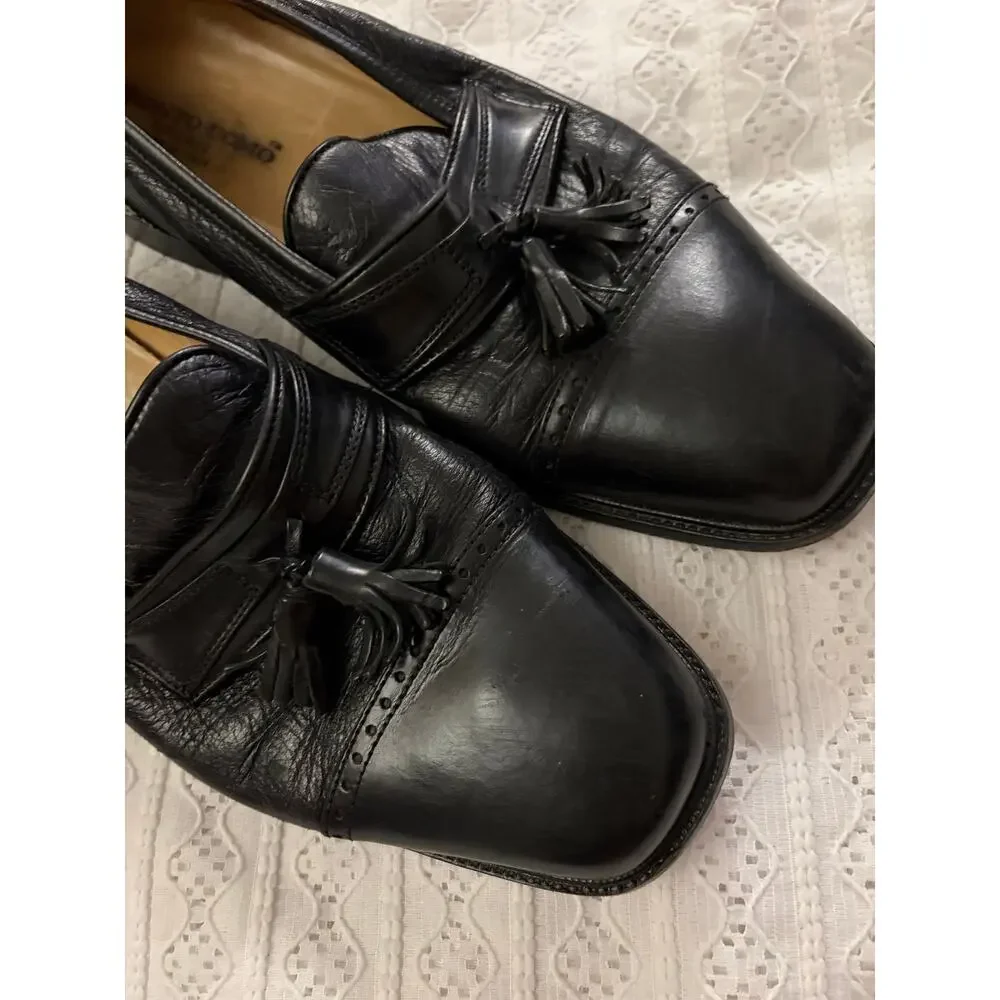Pronto Uomo Firenze Black Leather Tassel Loafers Italy Square Toe Size 10 Men's